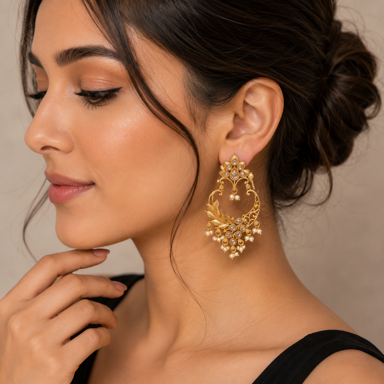 Pearl Leaf Chandbali Earrings for Women