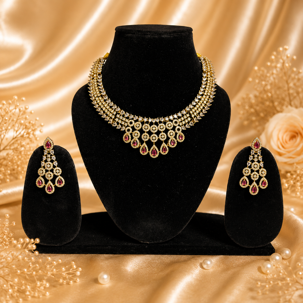 Luxury Ruby Red Necklace and Earrings Set for Women