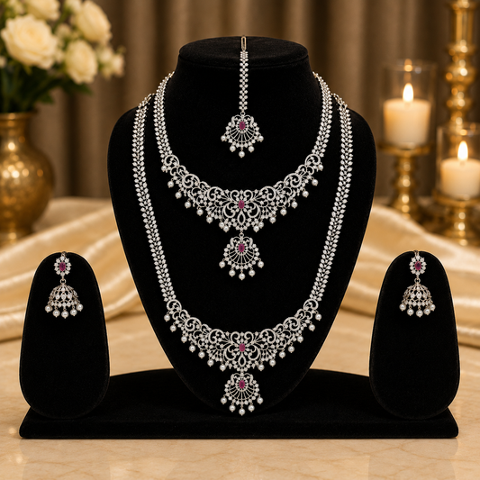 Bridal American Diamond Long Necklace Set with Maang Tikka & Jhumka Earrings for Women