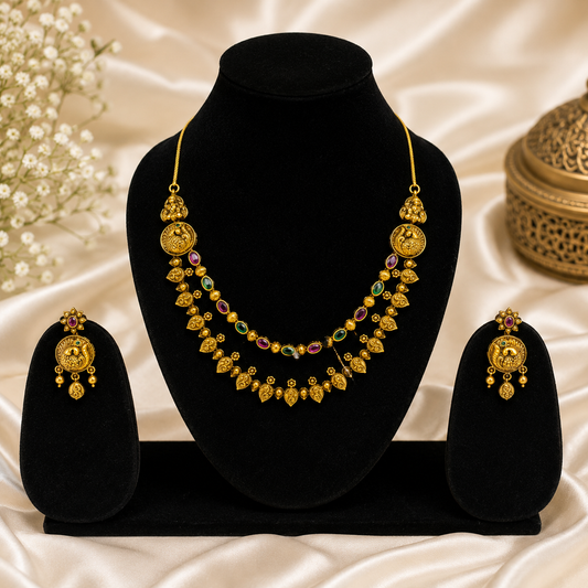 Antique Peacock Motif Necklace Set with Multicolor Stones for Women