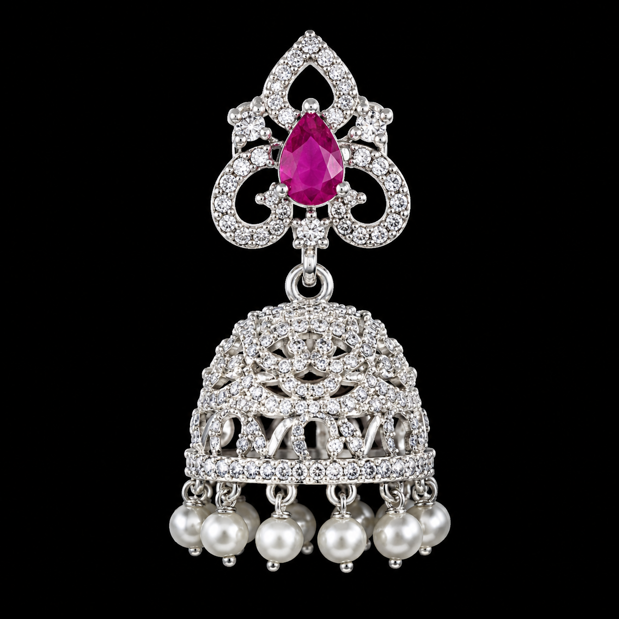 Bridal American Diamond Long Necklace Set with Maang Tikka & Jhumka Earrings for Women