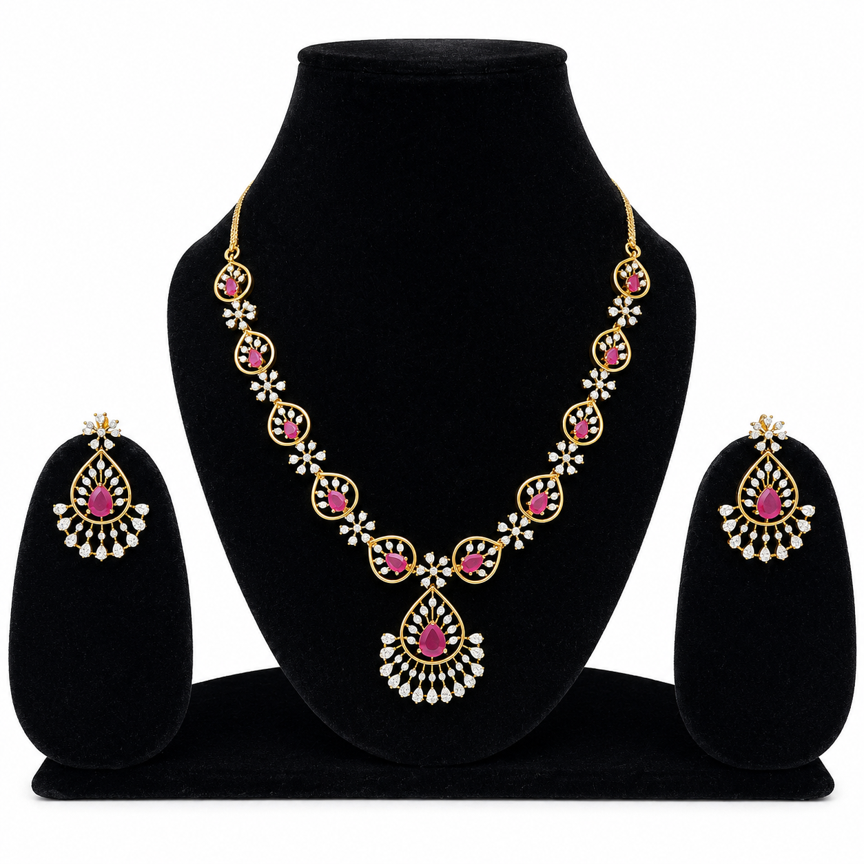Ruby Pink Teardrop Crystal Necklace Set with Matching Earrings for Women