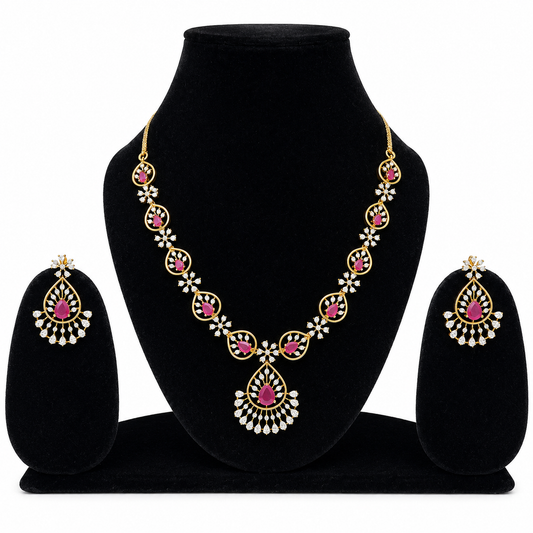 Ruby Pink Teardrop Crystal Necklace Set with Matching Earrings for Women