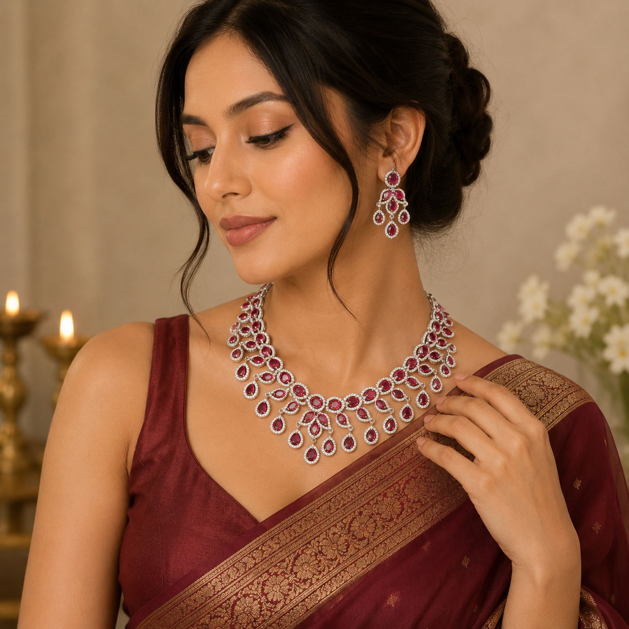 Ruby Red Stone Necklace Set with Earrings for Women
