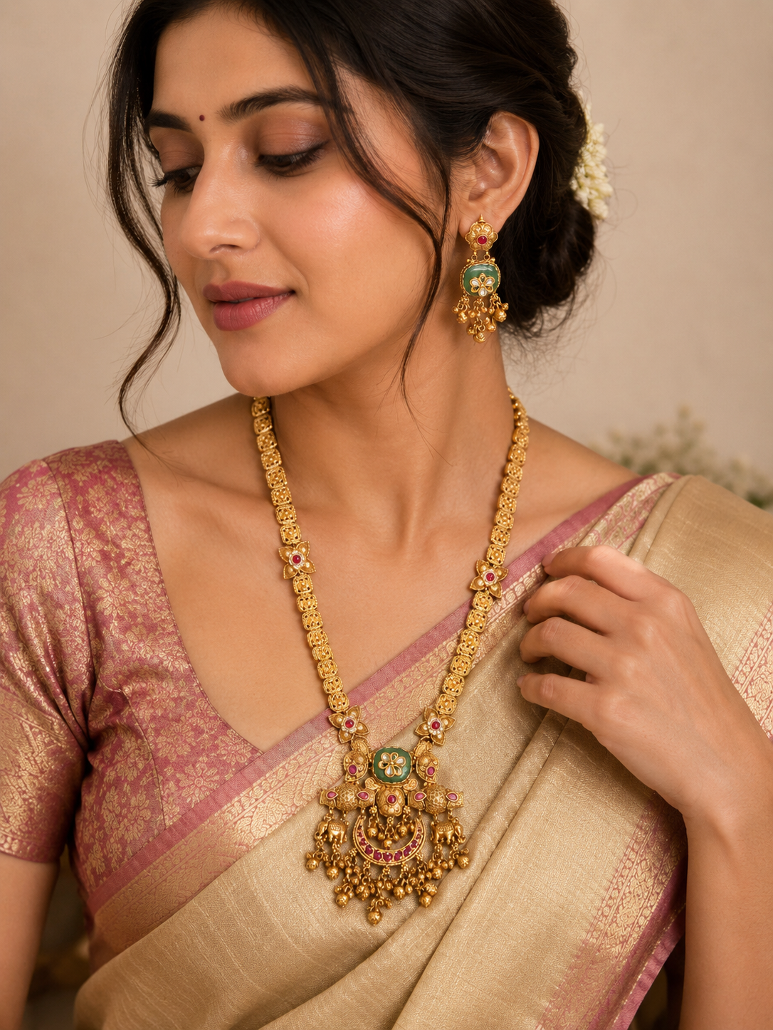 Antique Temple Peacock Pendant Necklace Set with Green Enamel & Ruby Accents for Women