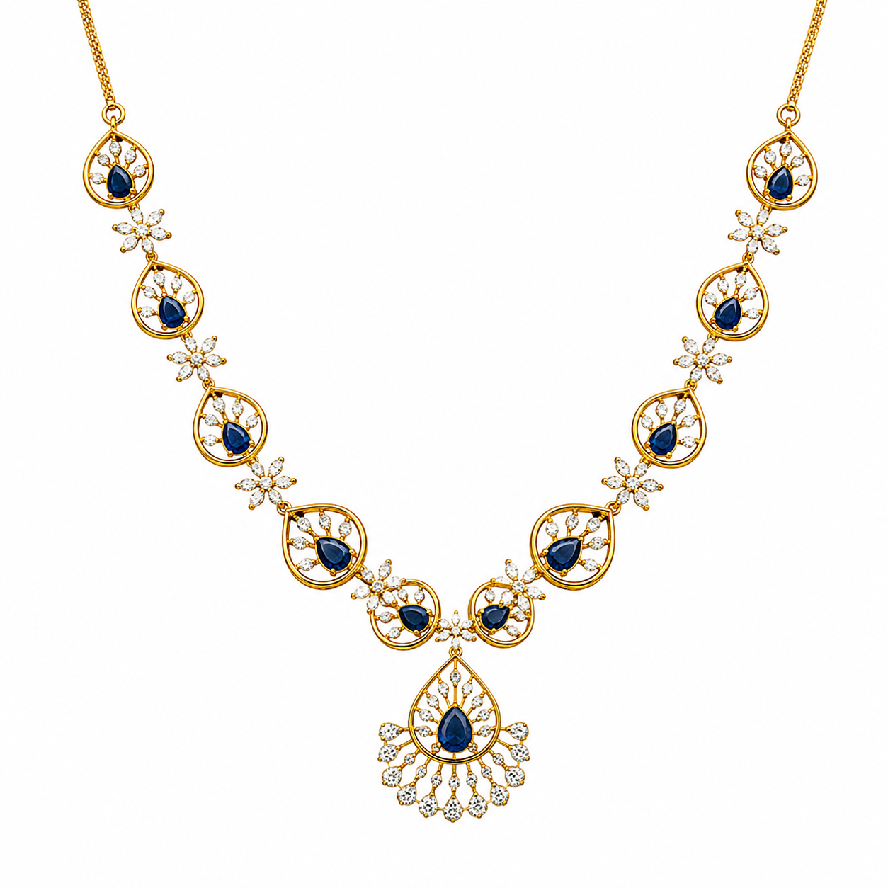 Blue Teardrop Crystal Necklace Set with Matching Earrings for Women