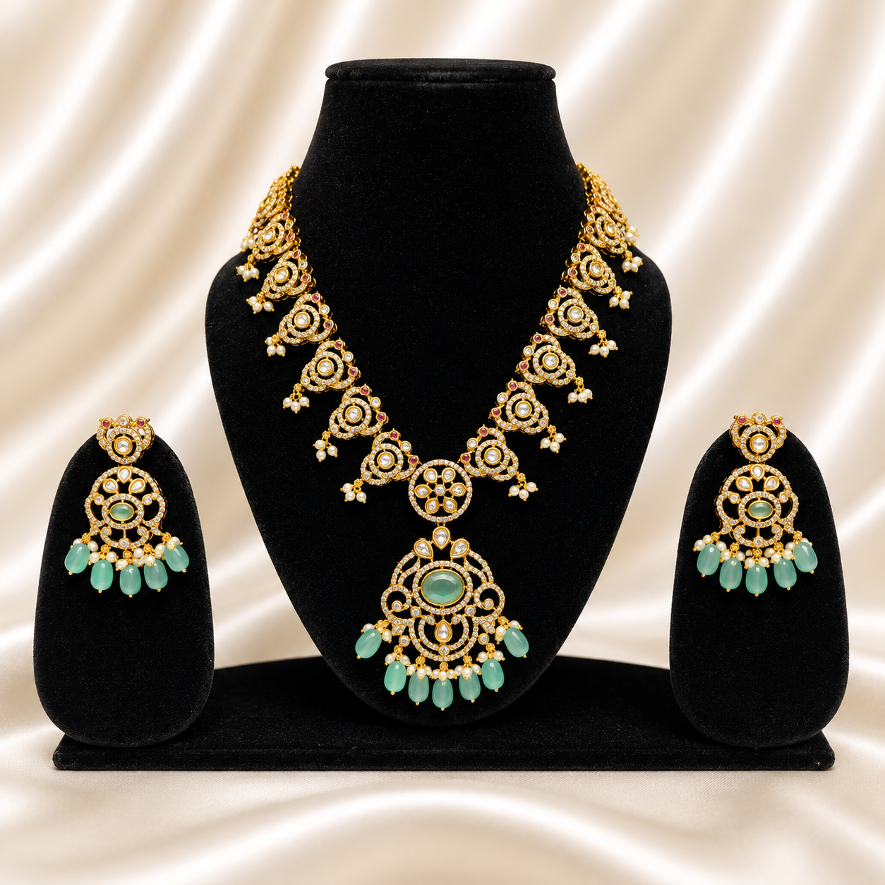 Premium Gold Tone Mint Green Necklace Set for Women