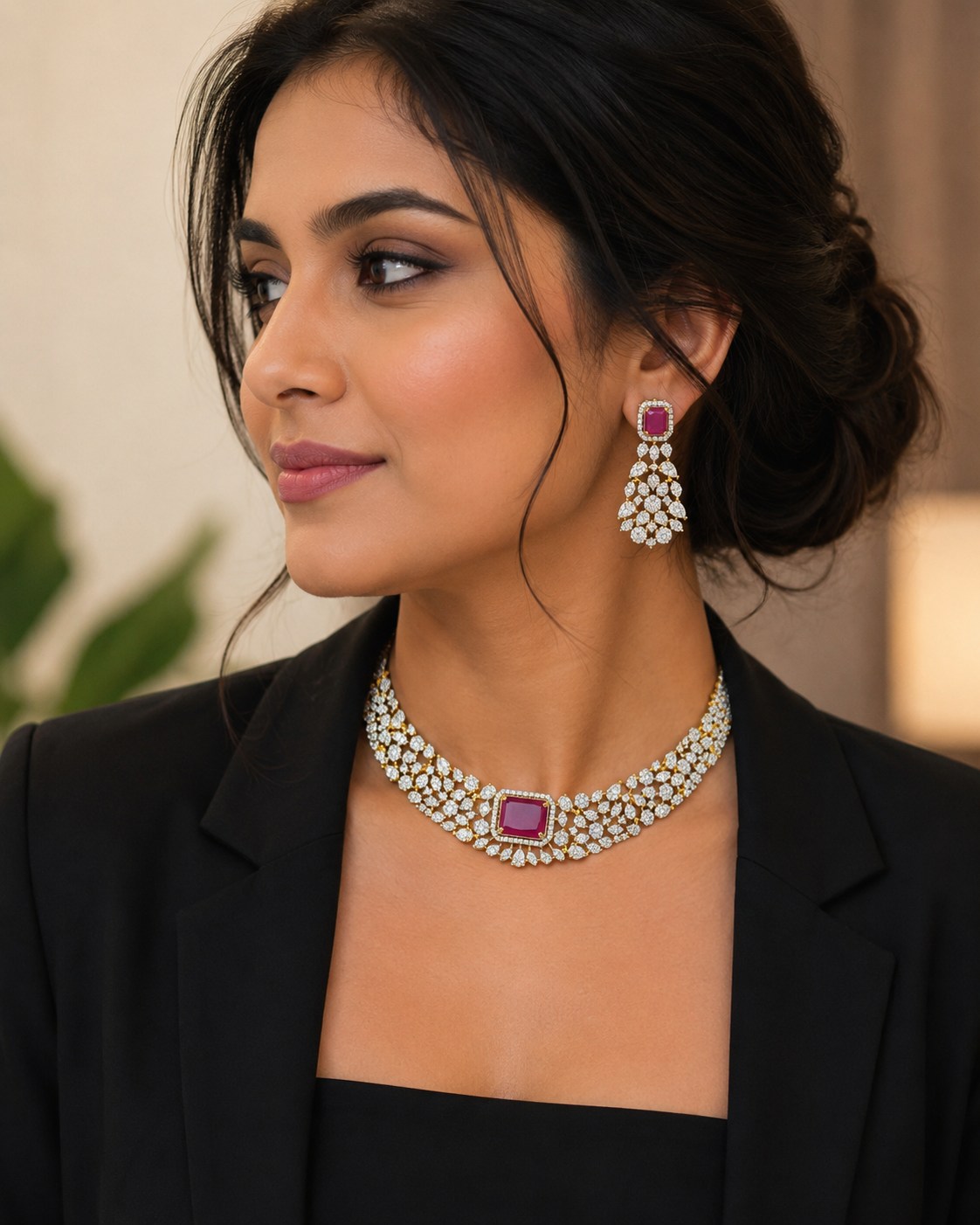 Actress Trisha Inspired Ruby Red Choker Necklace Set with Earrings