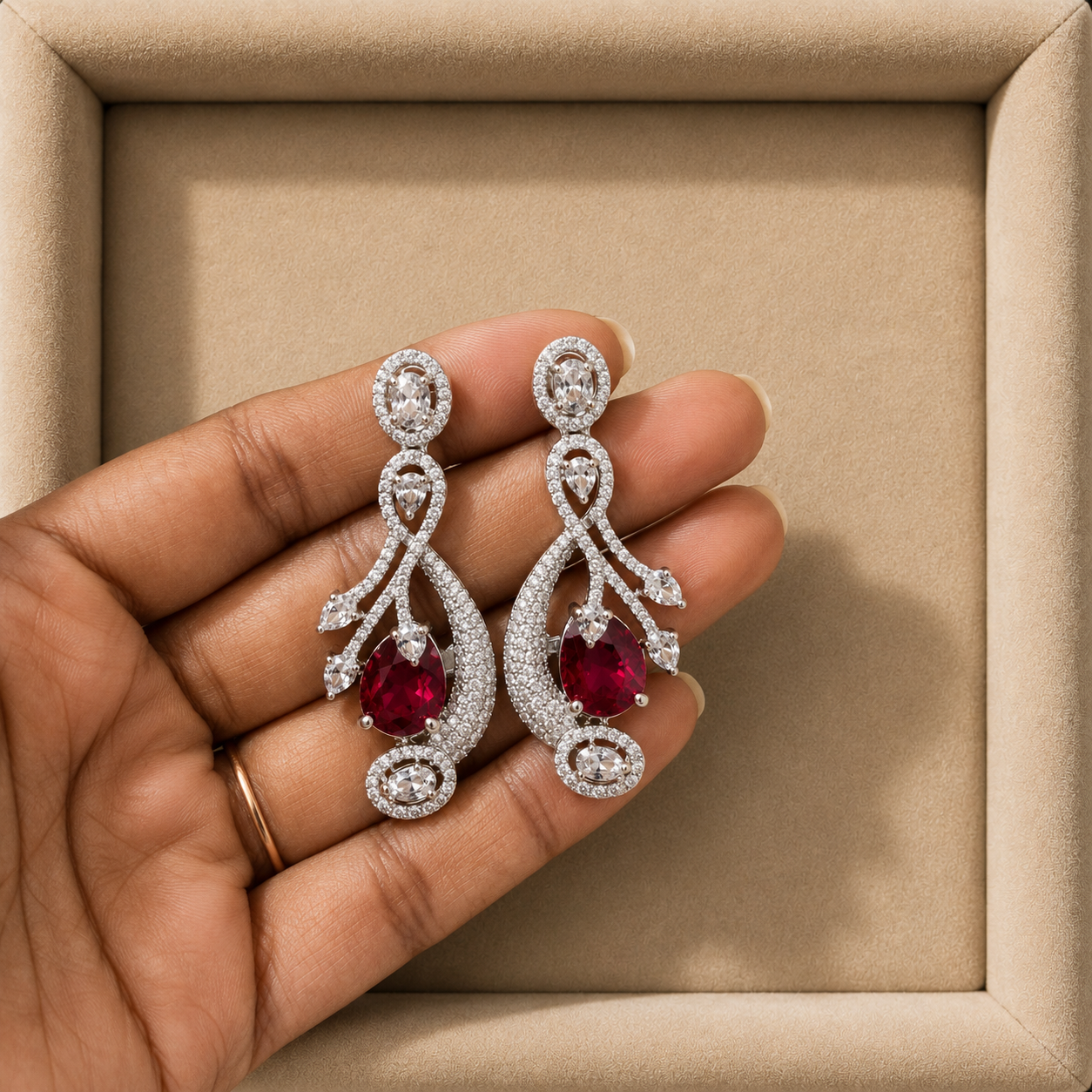 Elegant Ruby Crystal Drop Earrings for Women | Designer Party Wear Statement Earrings