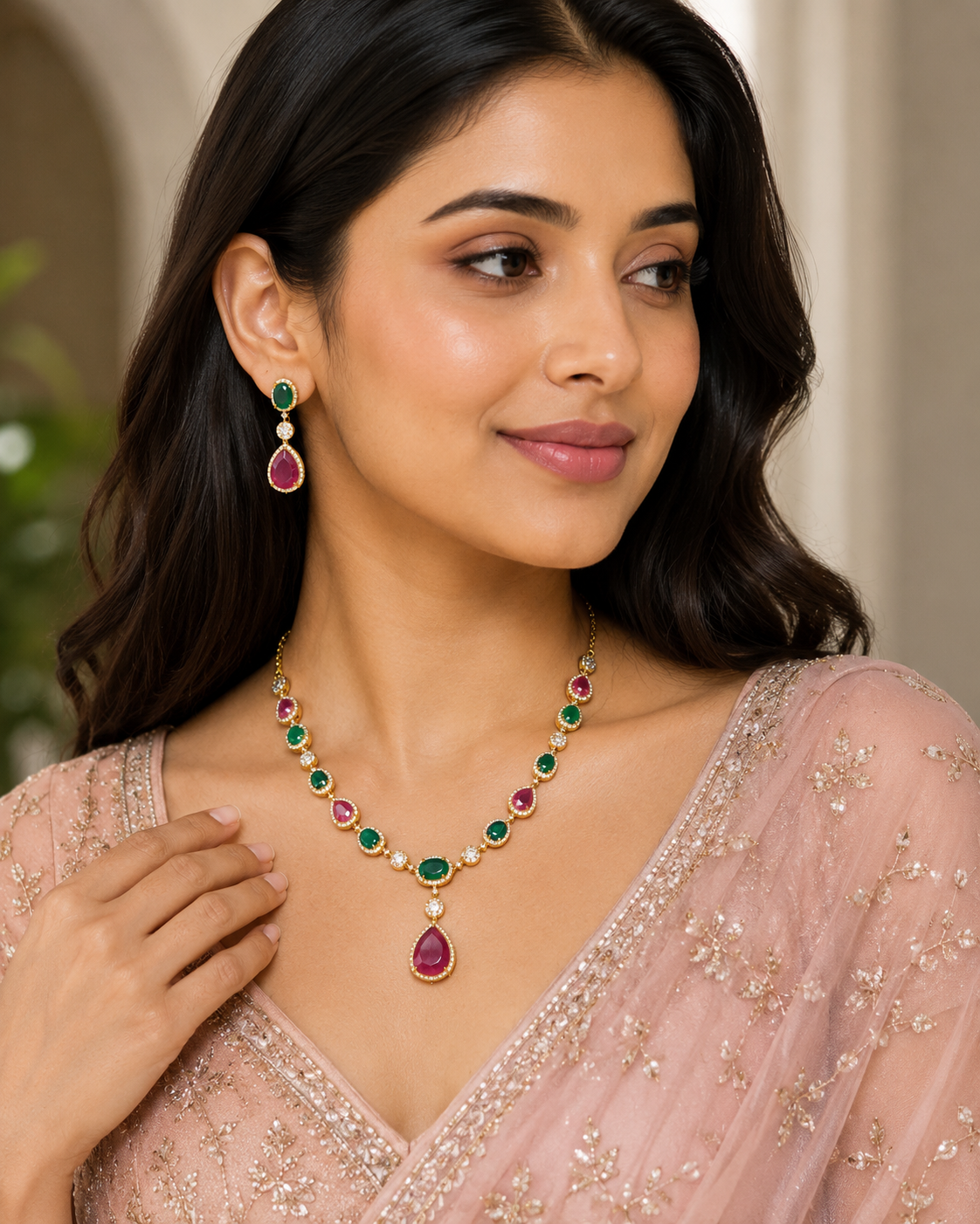Ruby & Emerald Teardrop Necklace Set with Matching Earrings for Women