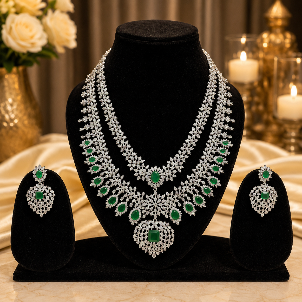 Luxury Emerald Green American Diamond Bridal Necklace Set with Matching Earrings for Women