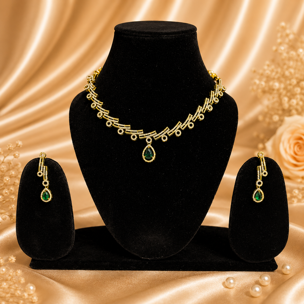 Minimal Green Drop Necklace and Earrings Set for Kids