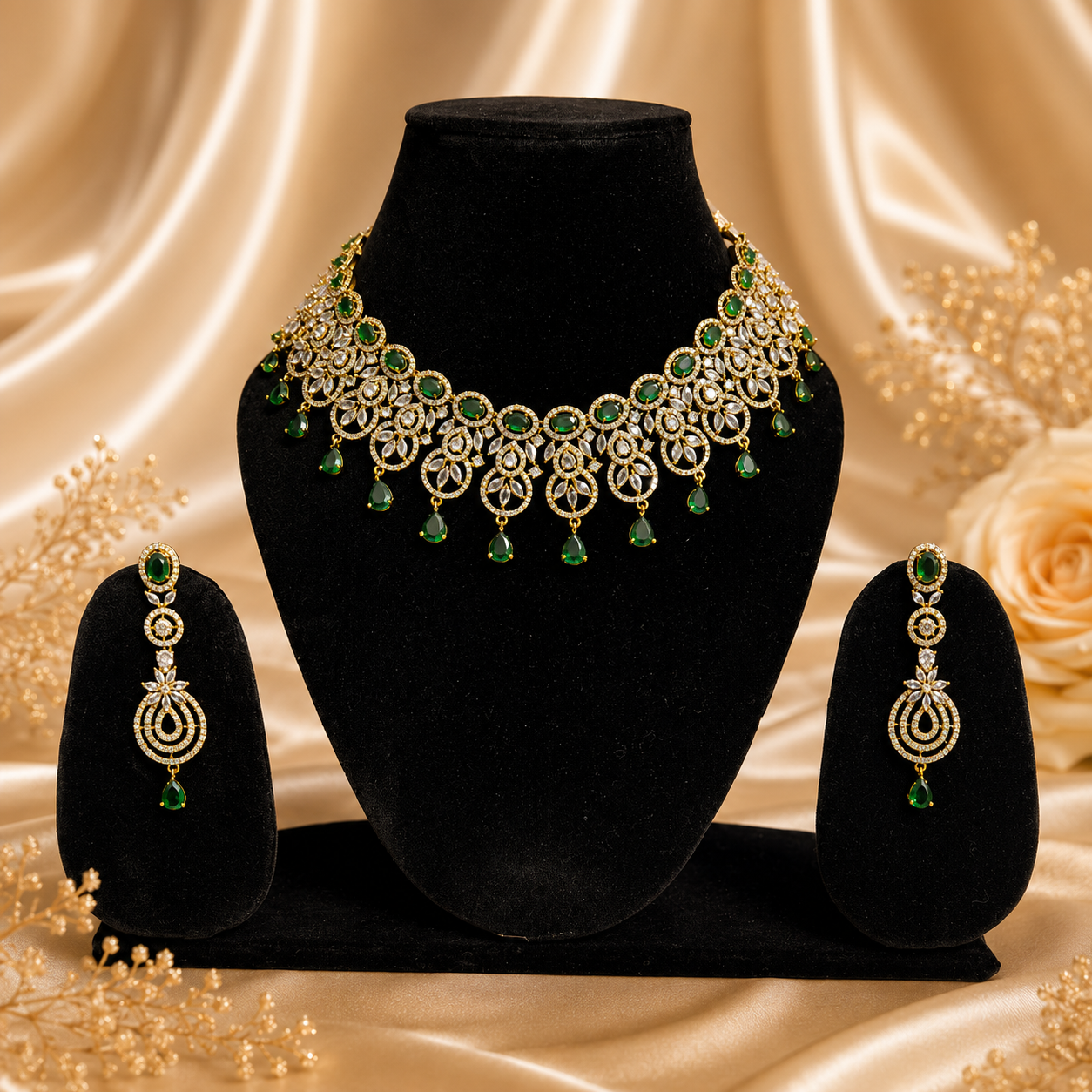 Premium Emerald Crystal Necklace and Earrings Set for Women