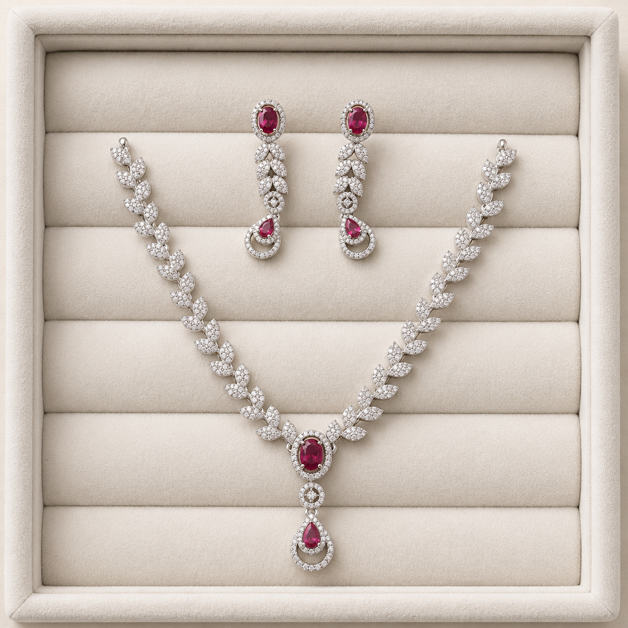 Elegant Ruby Crystal Necklace & Earring Set for Women | Designer Bridal Jewelry Set