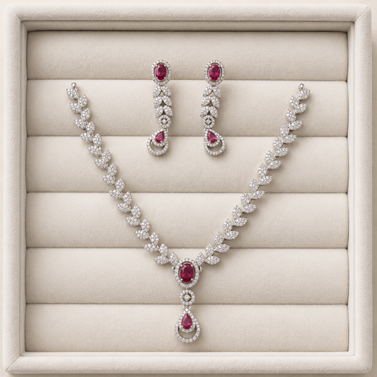 Elegant Ruby Crystal Necklace & Earring Set for Women | Designer Bridal Jewelry Set