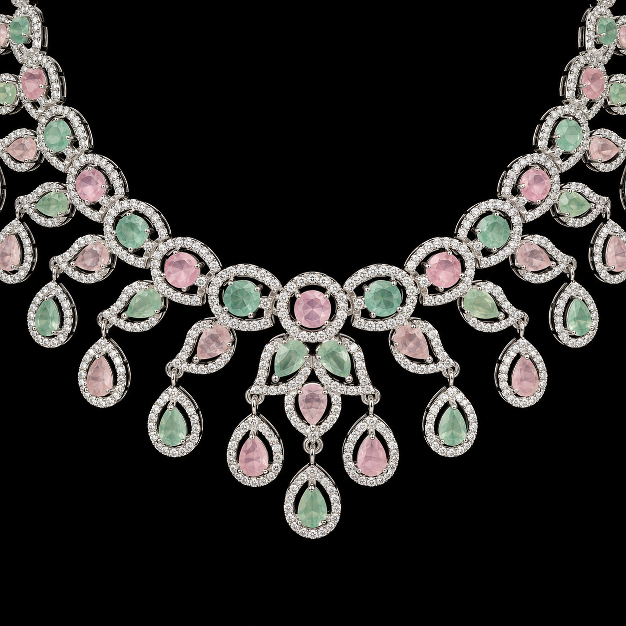 Pink and Green Stone Necklace Set with Earrings for Women