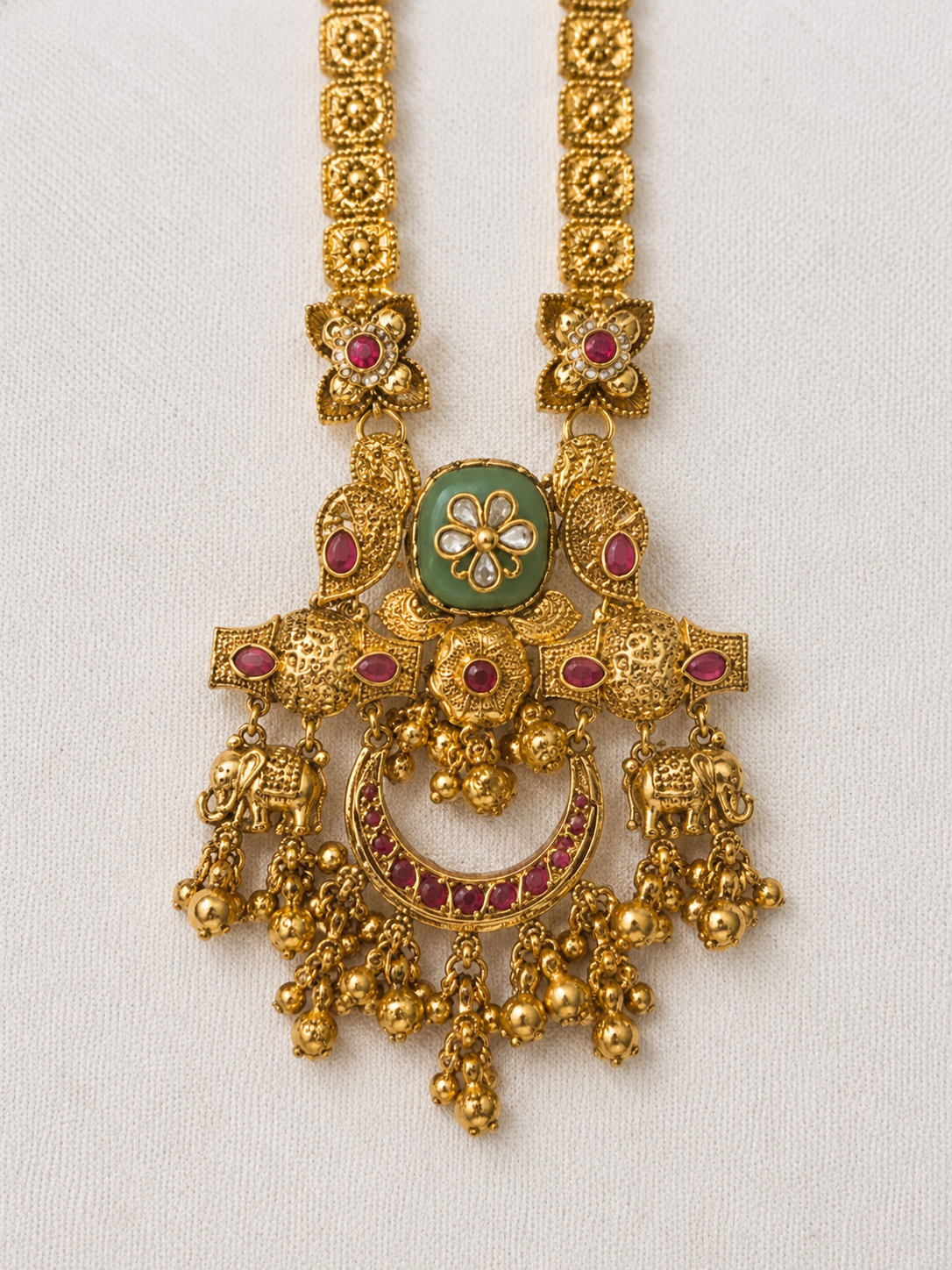 Antique Temple Peacock Pendant Necklace Set with Green Enamel & Ruby Accents for Women