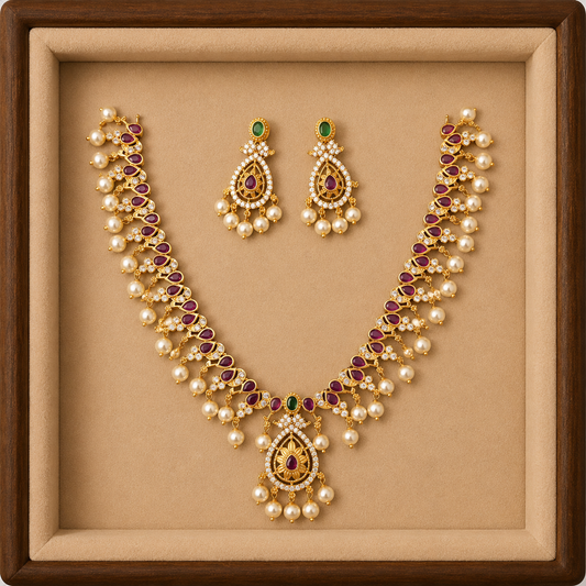 Traditional Pearl Drop Necklace & Earring Set for Women | Bridal Ethnic Jewelry