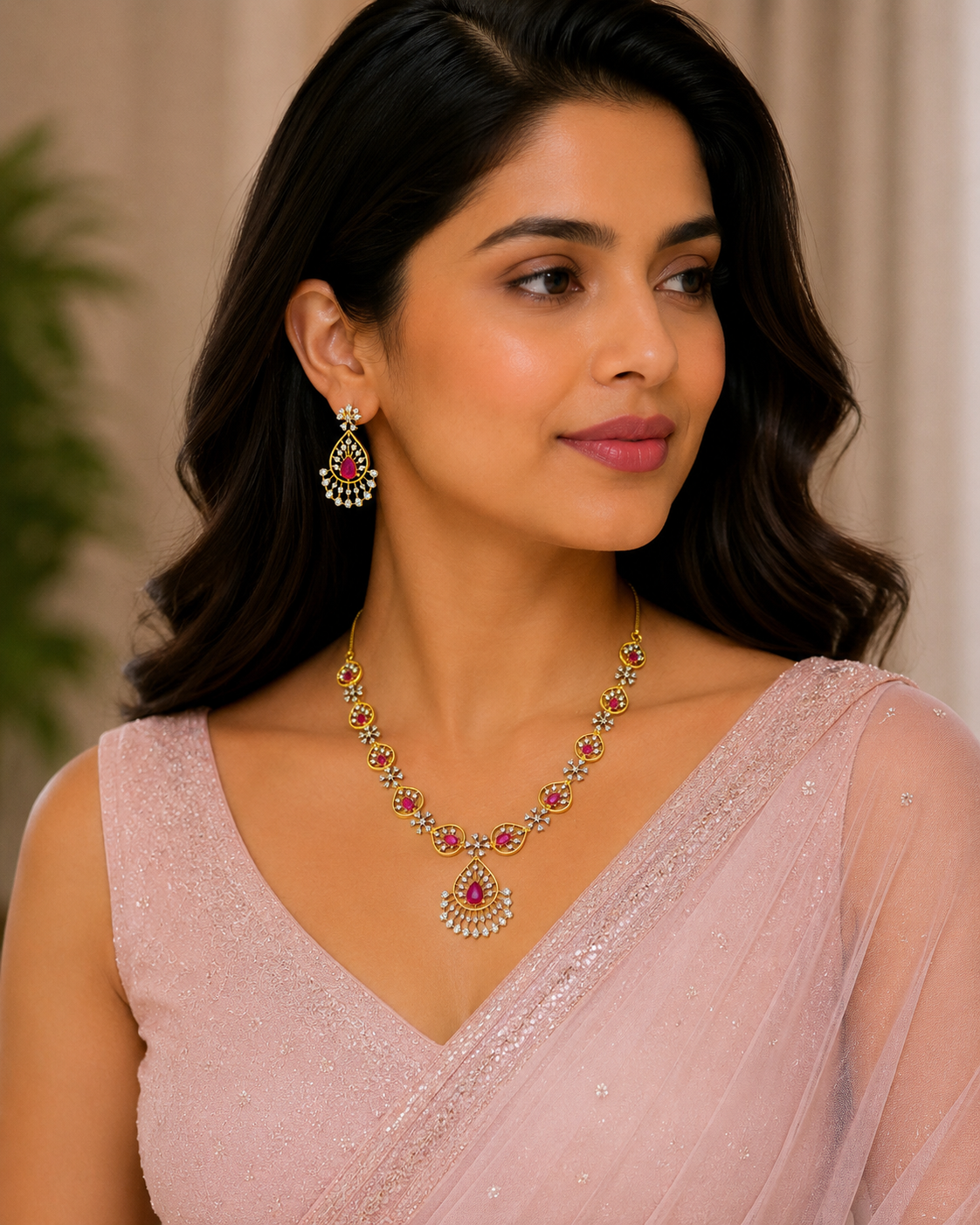 Ruby Pink Teardrop Crystal Necklace Set with Matching Earrings for Women