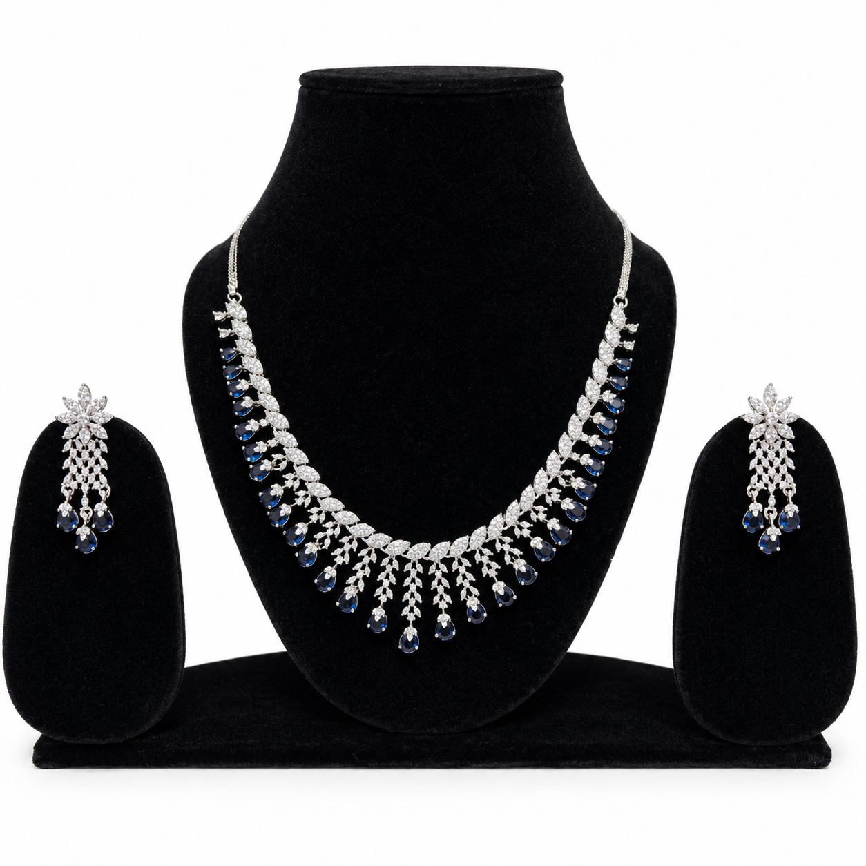 Royal Blue Sapphire Crystal Necklace Set with Matching Drop Earrings for Women