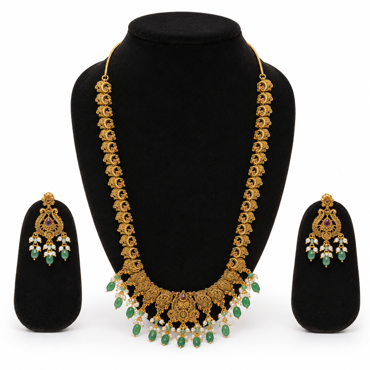 Antique Temple Jewelry Long Haram Necklace Set with Green Beads for Women