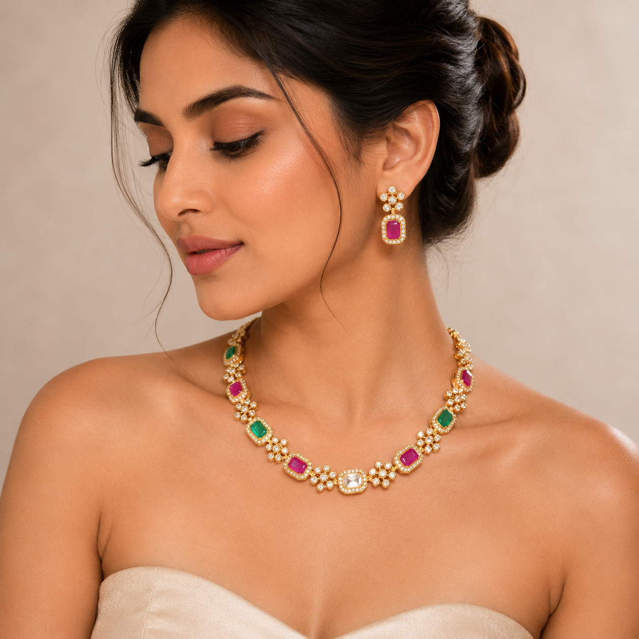 Elegant Multicolor Gemstone Necklace Set with Matching Earrings for Women