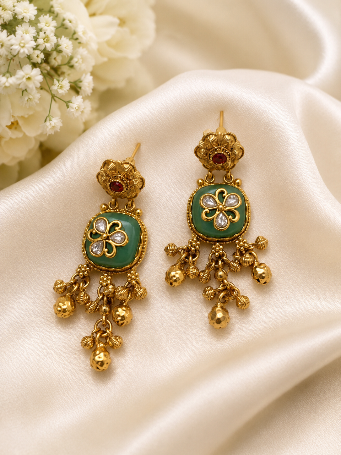 Antique Temple Peacock Pendant Necklace Set with Green Enamel & Ruby Accents for Women
