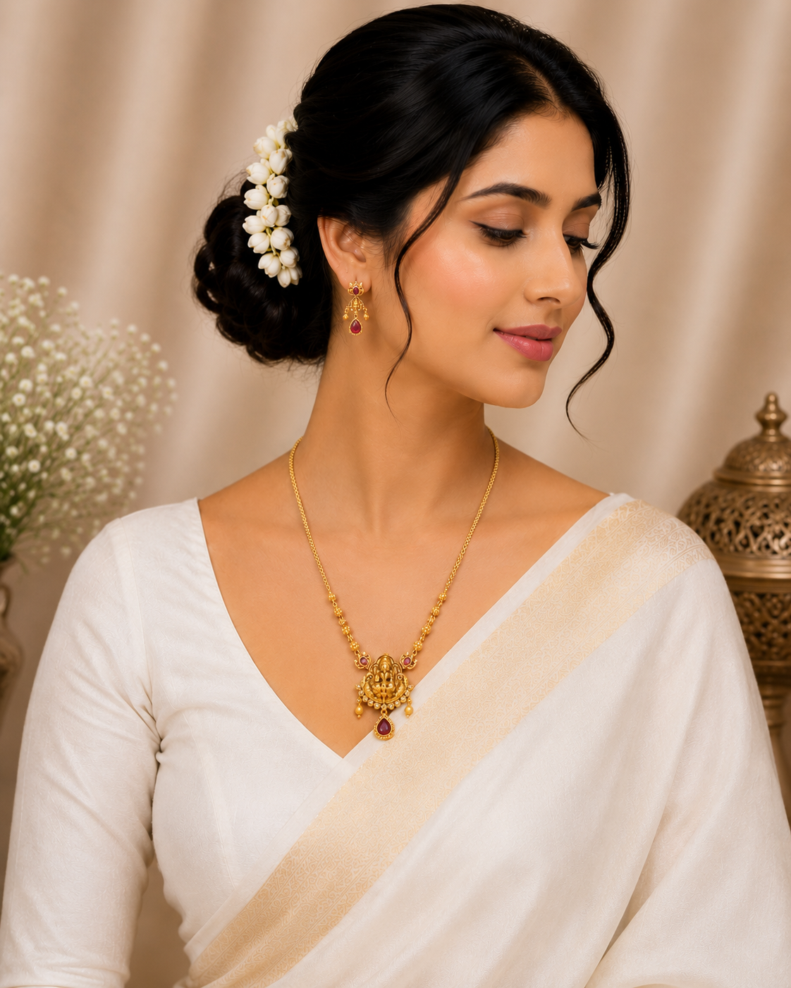 Traditional Lakshmi Pendant Necklace Set with Ruby Stone Accents for Women