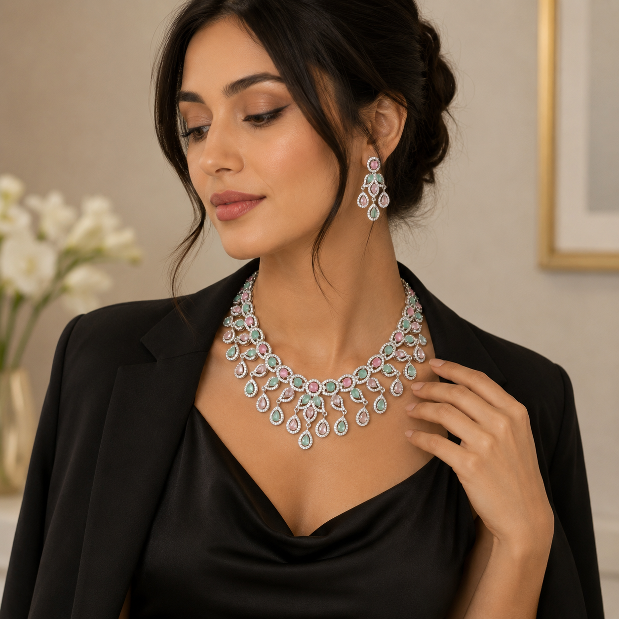 Pink and Green Stone Necklace Set with Earrings for Women