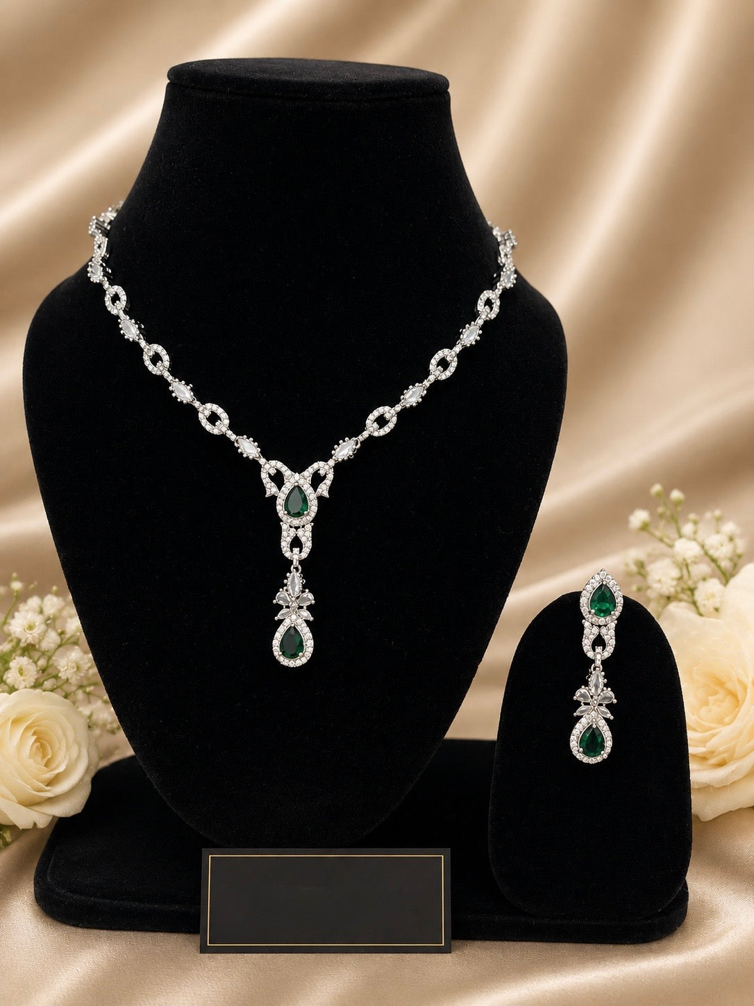 Silver-Tone Emerald Drop Necklace & Earring Set for Women