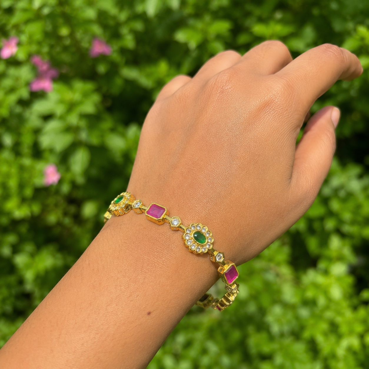 Traditional Green and Pink Stone Bangle Set for Women