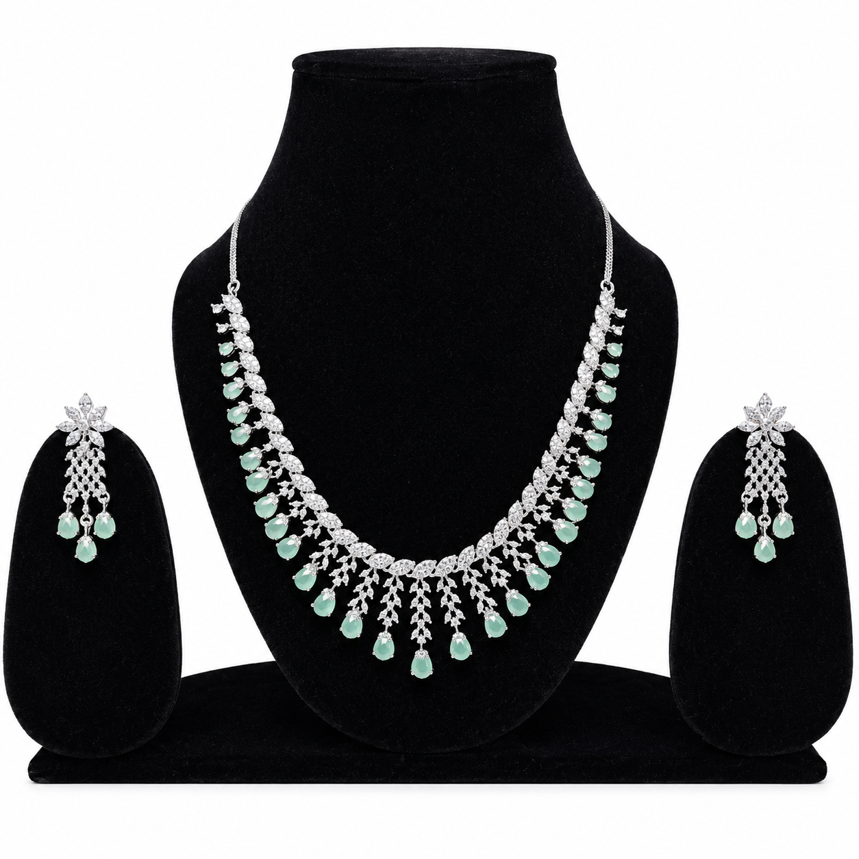 Mint Green Crystal Necklace Set with Matching Drop Earrings for Women