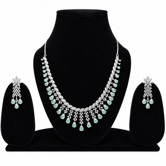 Mint Green Crystal Necklace Set with Matching Drop Earrings for Women