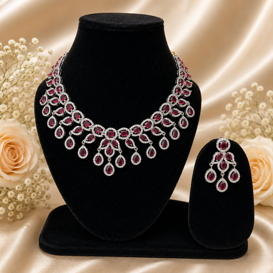 Ruby Red Stone Necklace Set with Earrings for Women