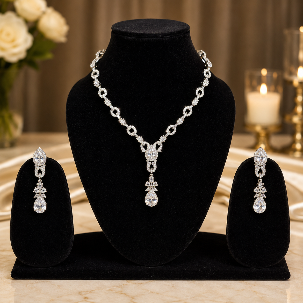 Classic Diamond Look Necklace Set with Earrings for Women