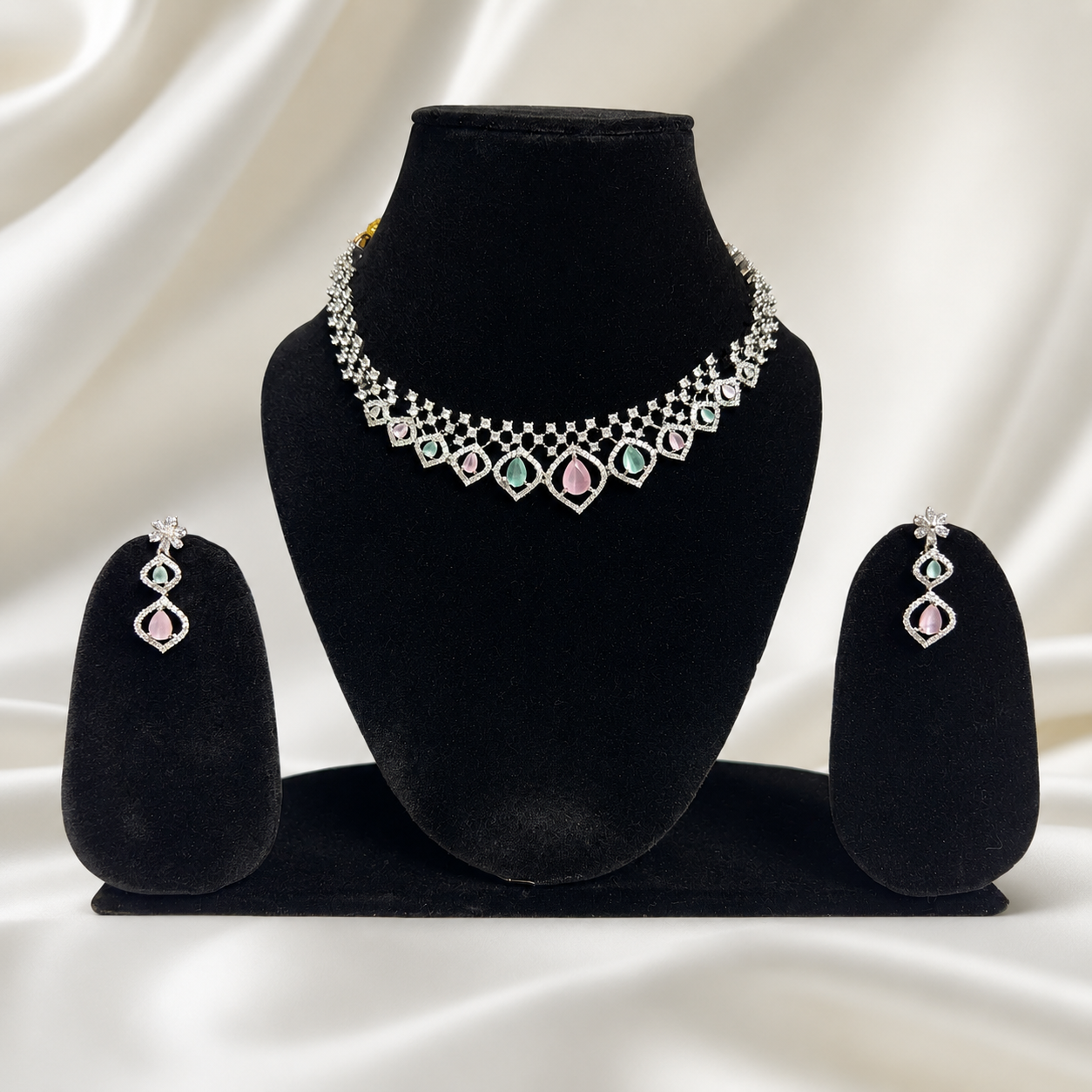 Pink and Mint Green Stone Necklace Set with Earrings for Women