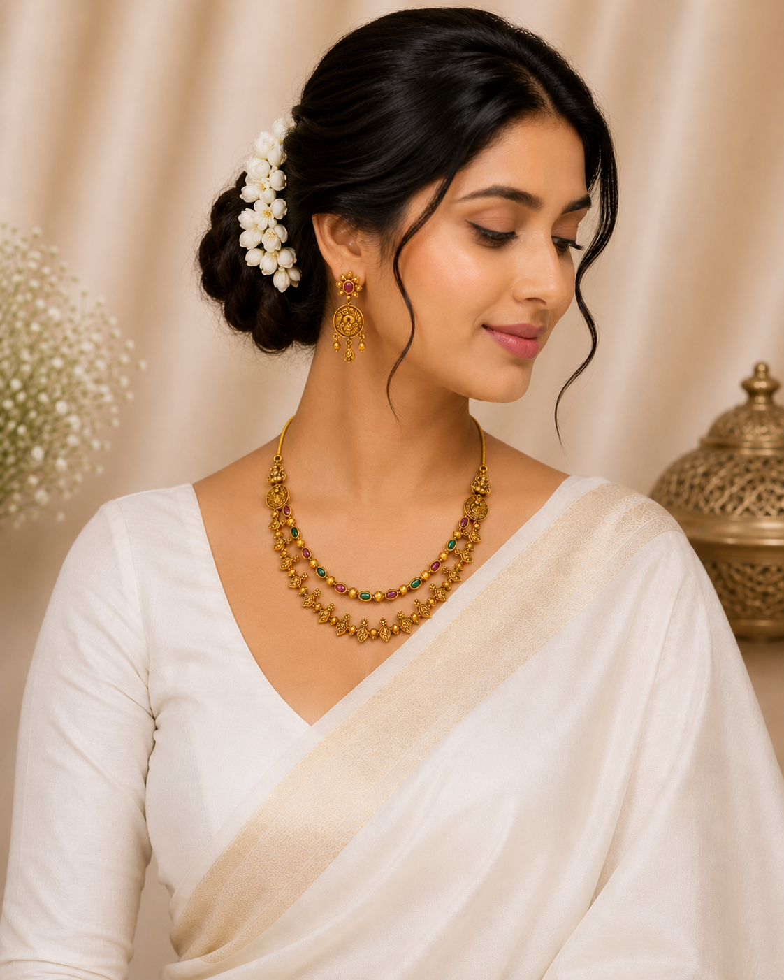 Antique Peacock Motif Necklace Set with Multicolor Stones for Women