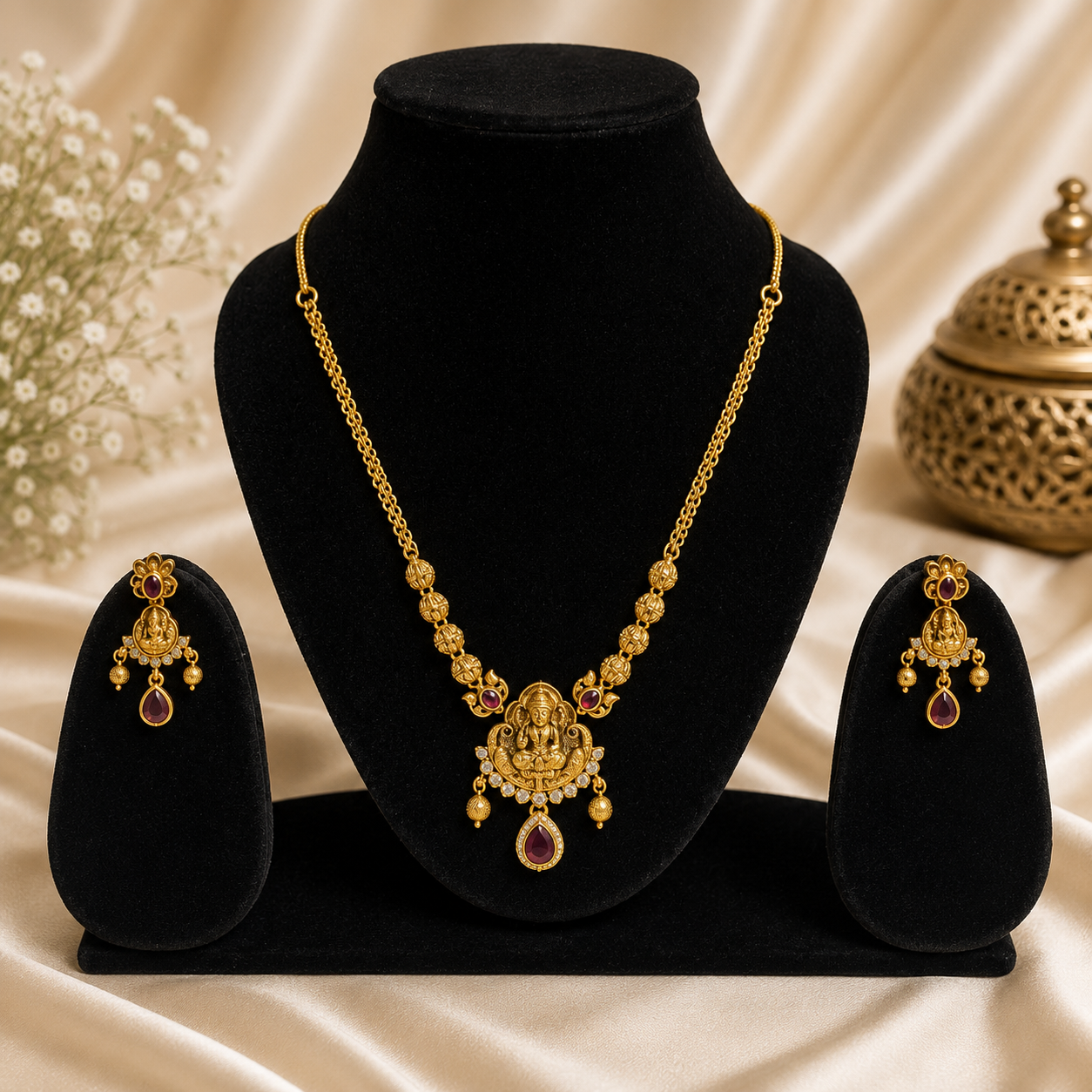Traditional Lakshmi Pendant Necklace Set with Ruby Stone Accents for Women