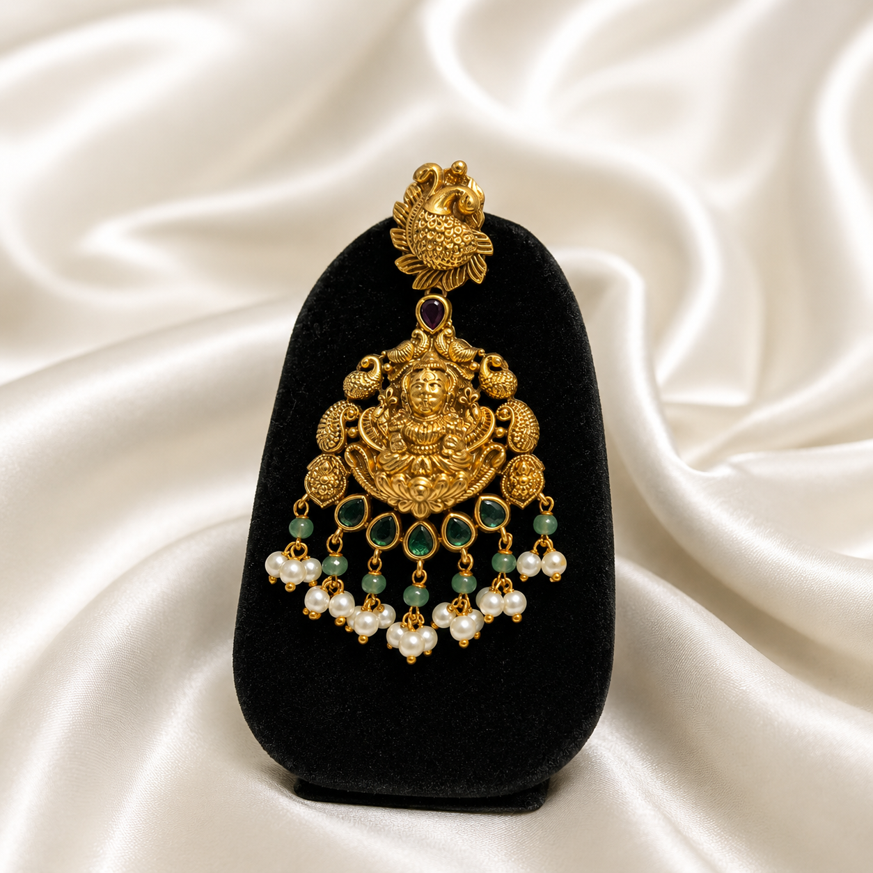 Traditional Lakshmi Temple Necklace Set with Green Beads for Women