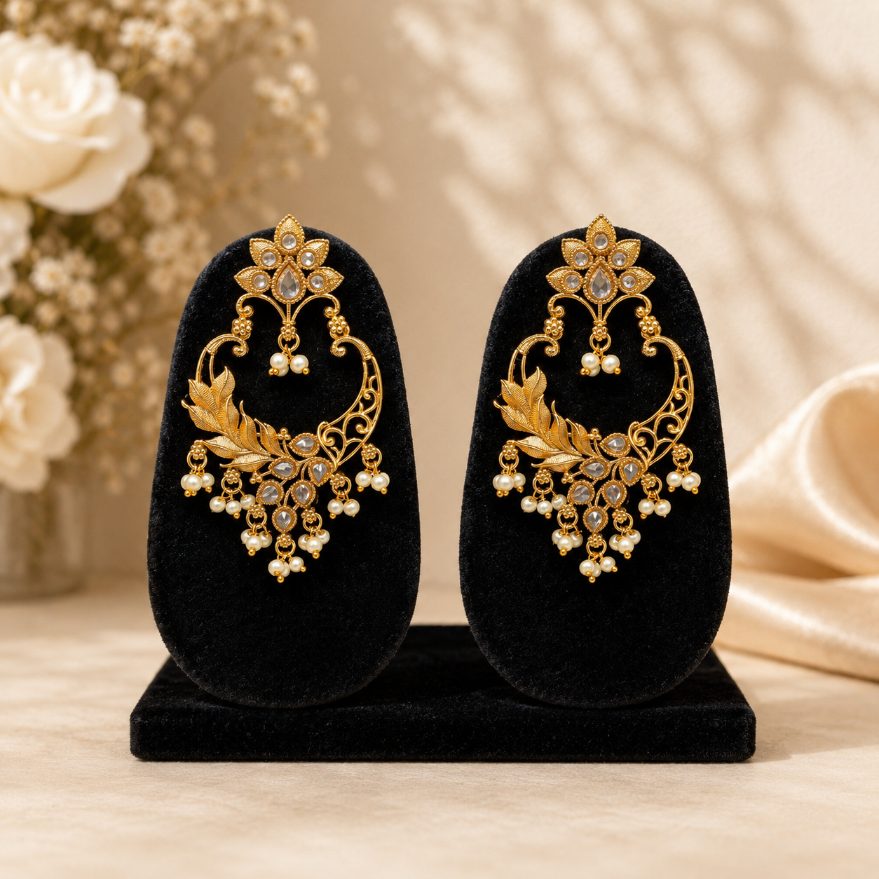 Pearl Leaf Chandbali Earrings for Women