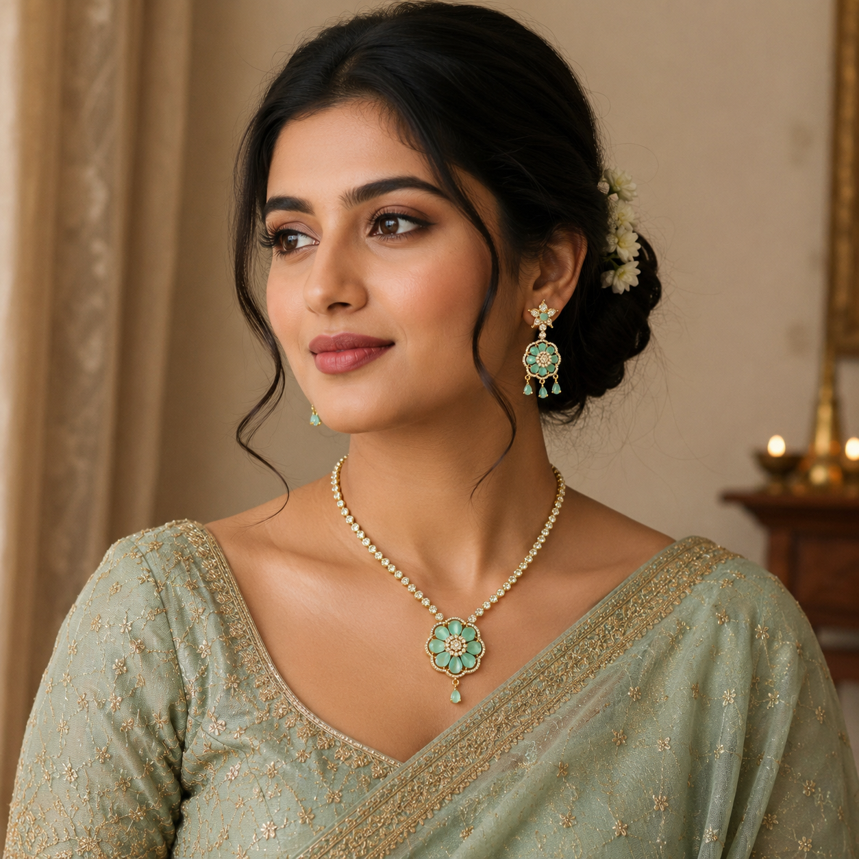 Designer Mint Green Necklace and Earrings Set for Women