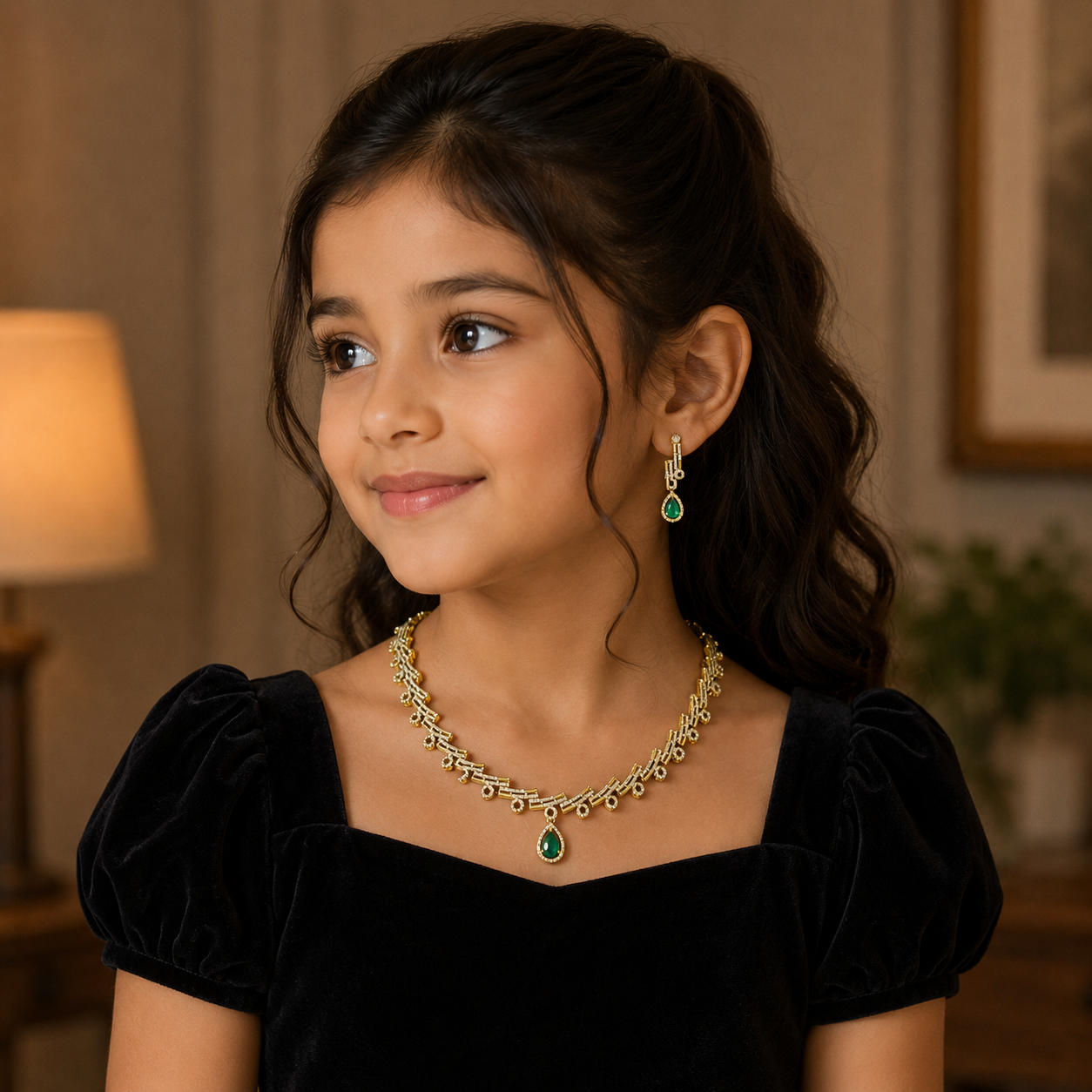 Minimal Green Drop Necklace and Earrings Set for Kids