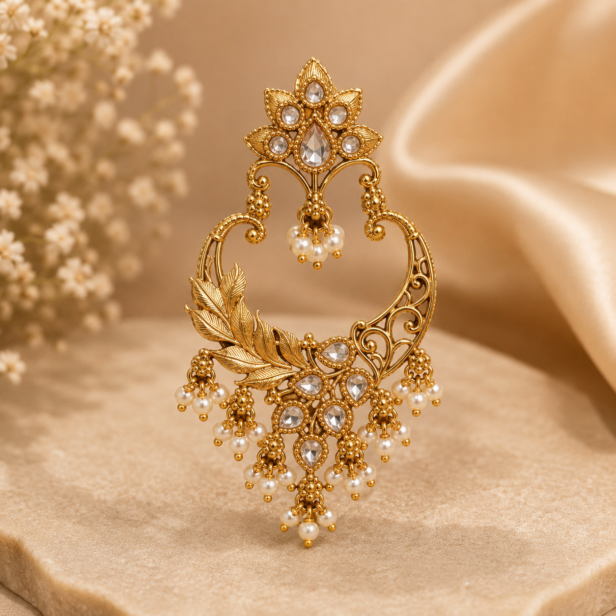 Pearl Leaf Chandbali Earrings for Women