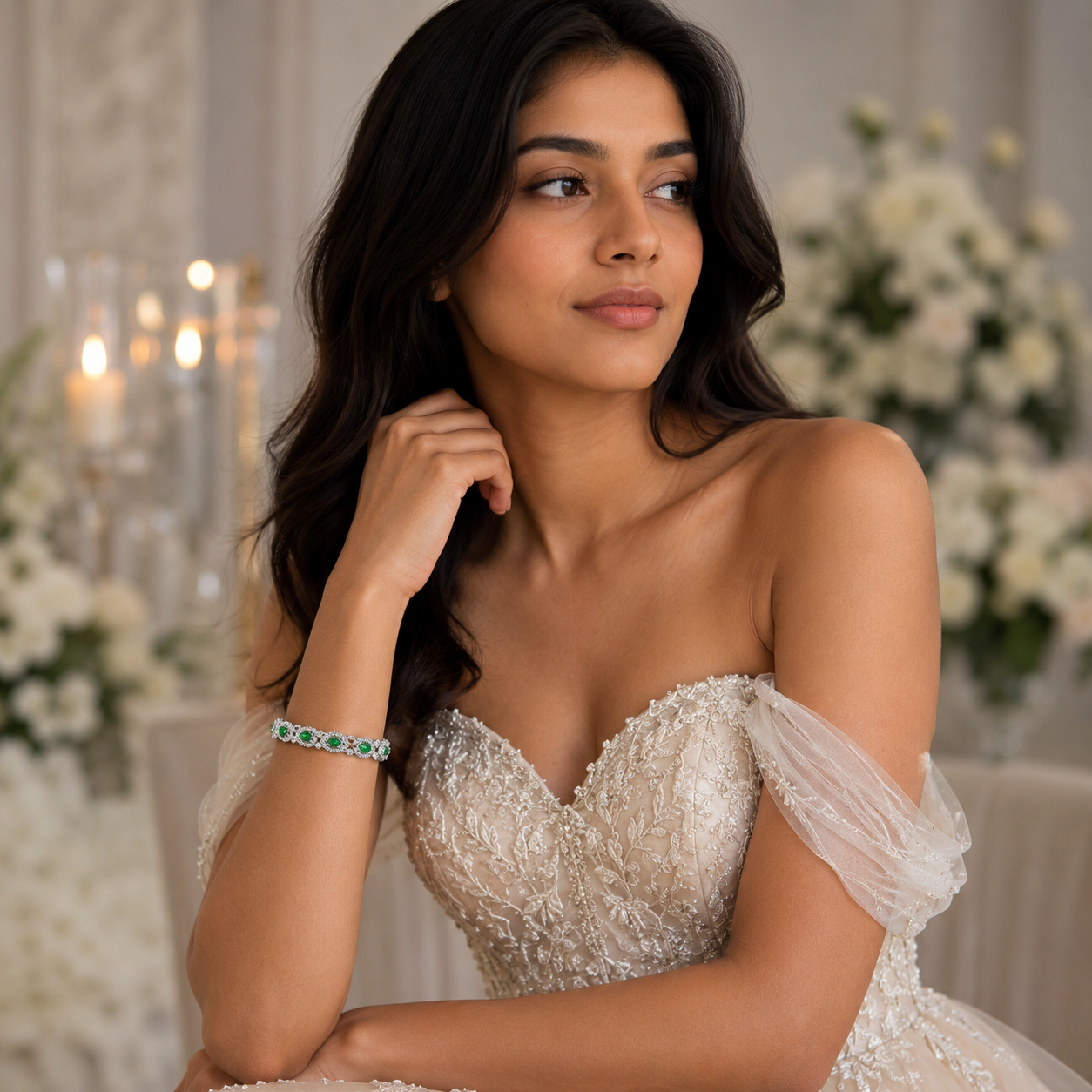 Elegant Green Stone Silver Finish Bangle Set for Women