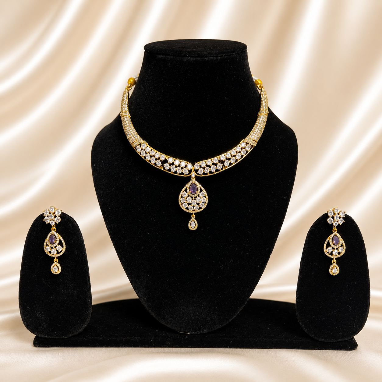 Purple Crystal Choker Necklace and Earrings Set for Women