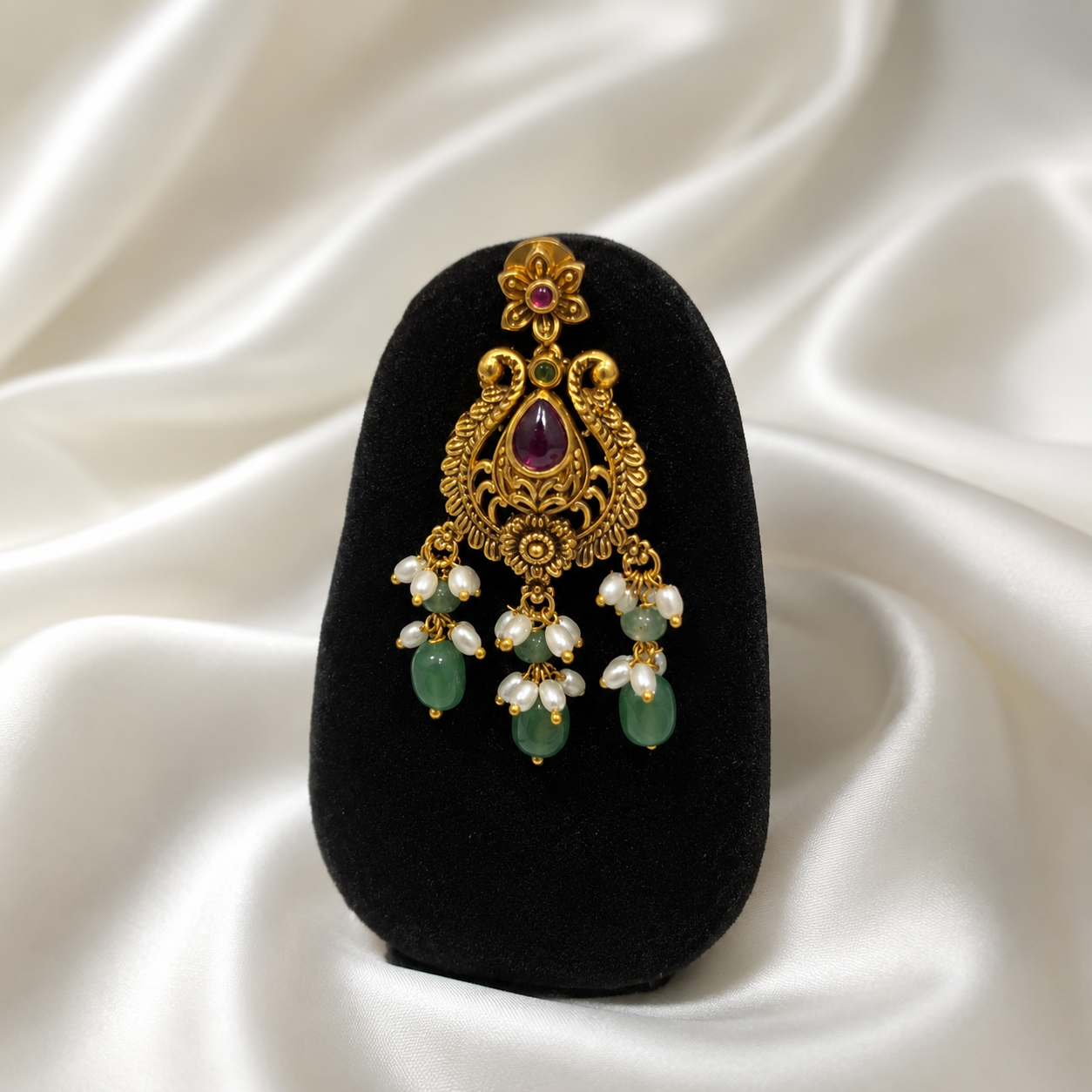 Antique Temple Jewelry Long Haram Necklace Set with Green Beads for Women