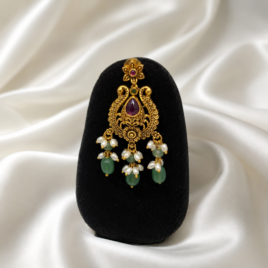 Antique Temple Jewelry Long Haram Necklace Set with Green Beads for Women
