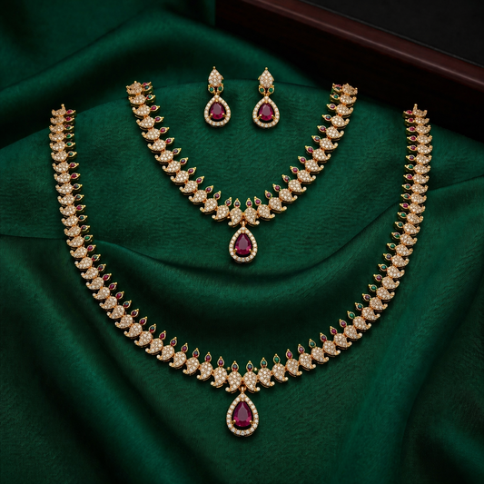 Ruby Radiance Layered Necklace Set – Elegant Red Bridal Jewelry for Weddings & Festive Wear