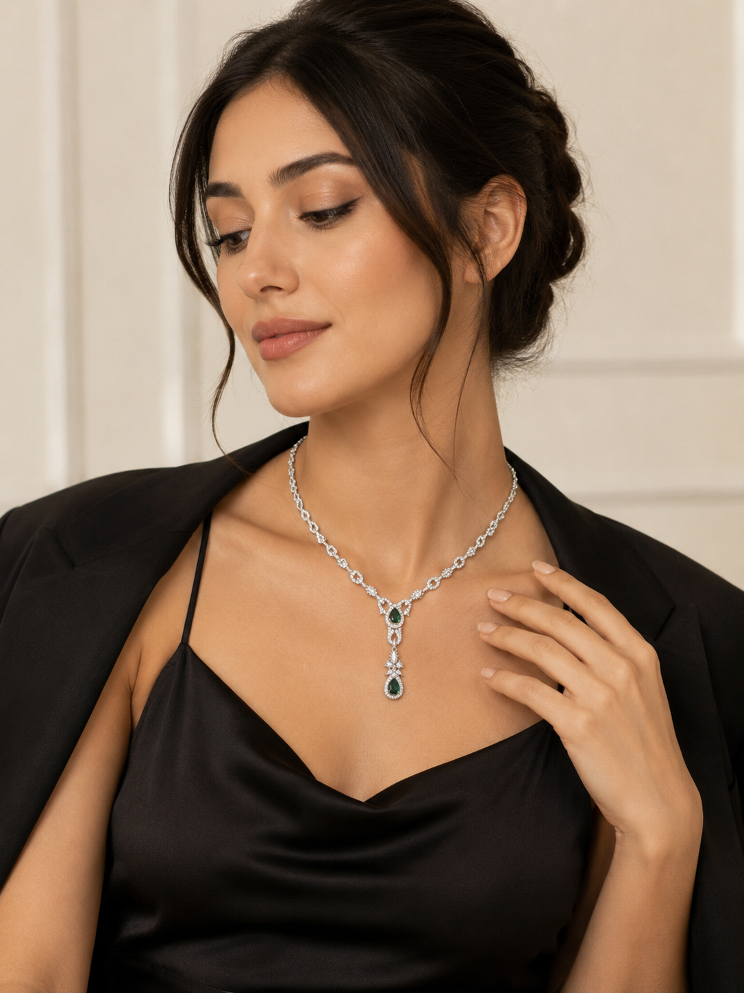 Silver-Tone Emerald Drop Necklace & Earring Set for Women