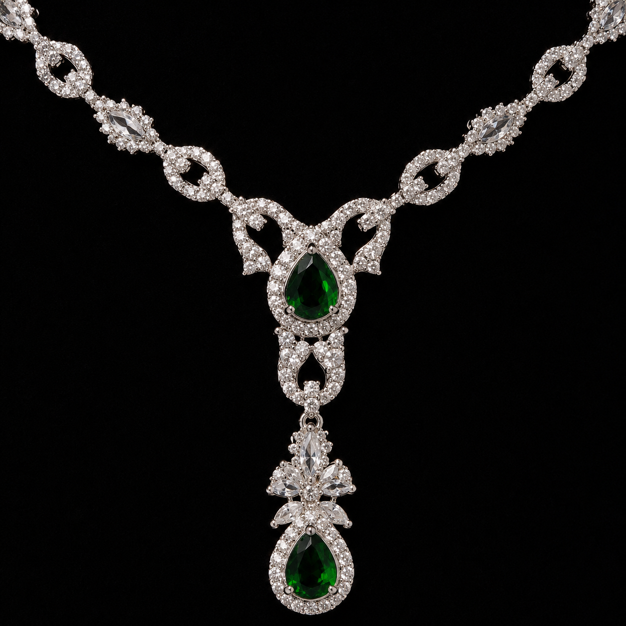 Silver-Tone Emerald Drop Necklace & Earring Set for Women